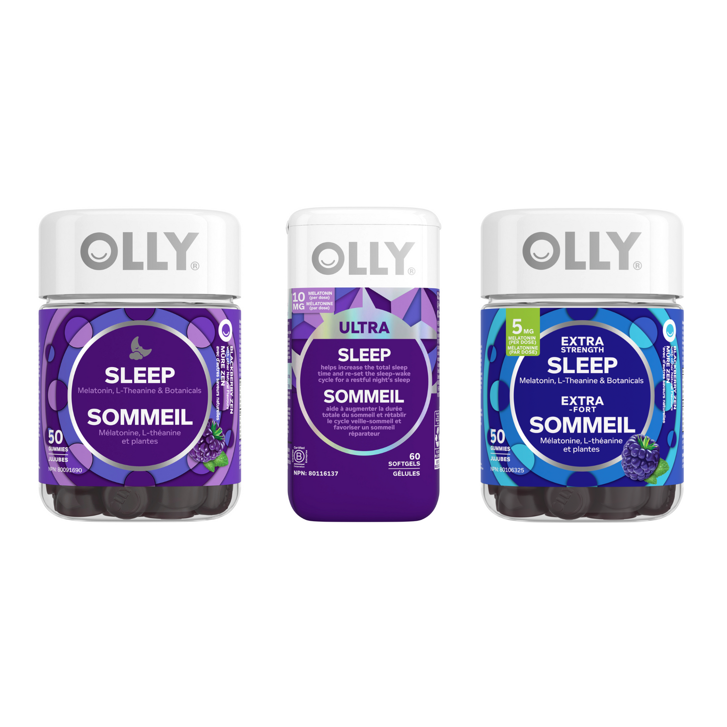 Image showing the front of the three OLLY Sleep Bundle products. Sleep, Ultra Sleep and Extra Stregth Sleep.