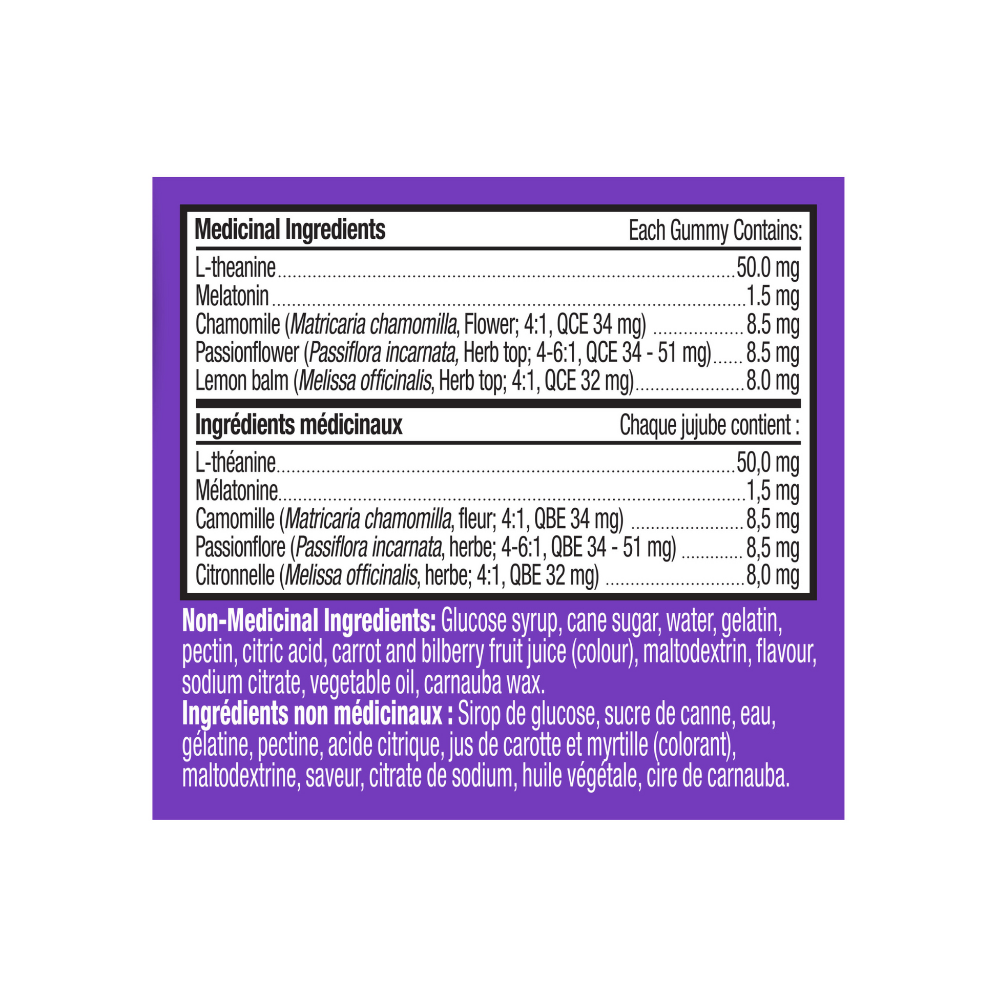 An image of the ingredients list of the OLLY Sleep supplement. 